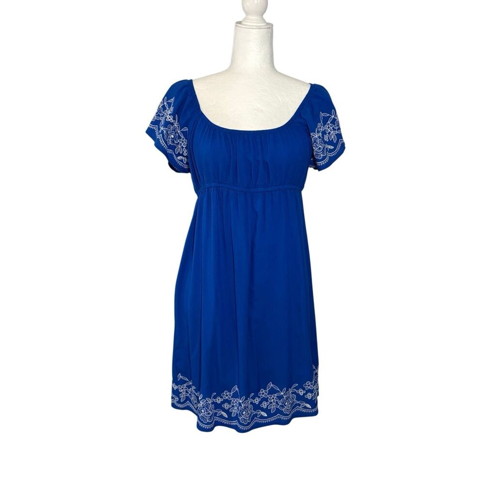 One Clothing Royal blue empire waist dress with white embroidery - XL